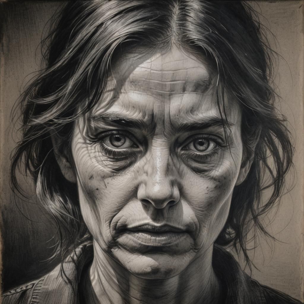 Melancholic Woman: Hyperdetailed Charcoal Portrait in Chiaro...
