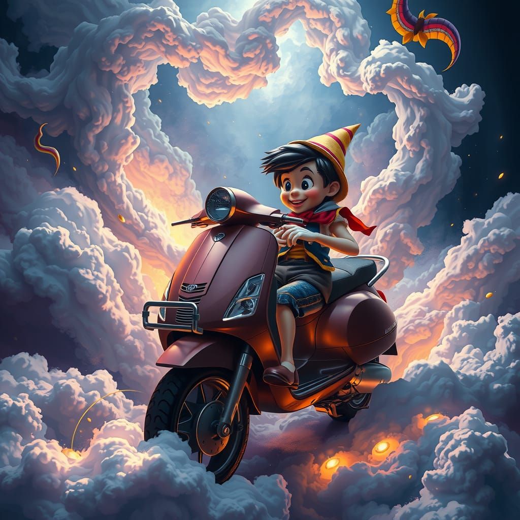 Hyperrealistic Vespa and Pinocchio in Mystical Atmosphere