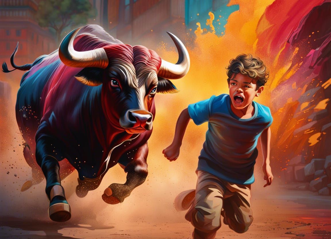 two boys running away from an angry bull, Hyperrealistic, sp...