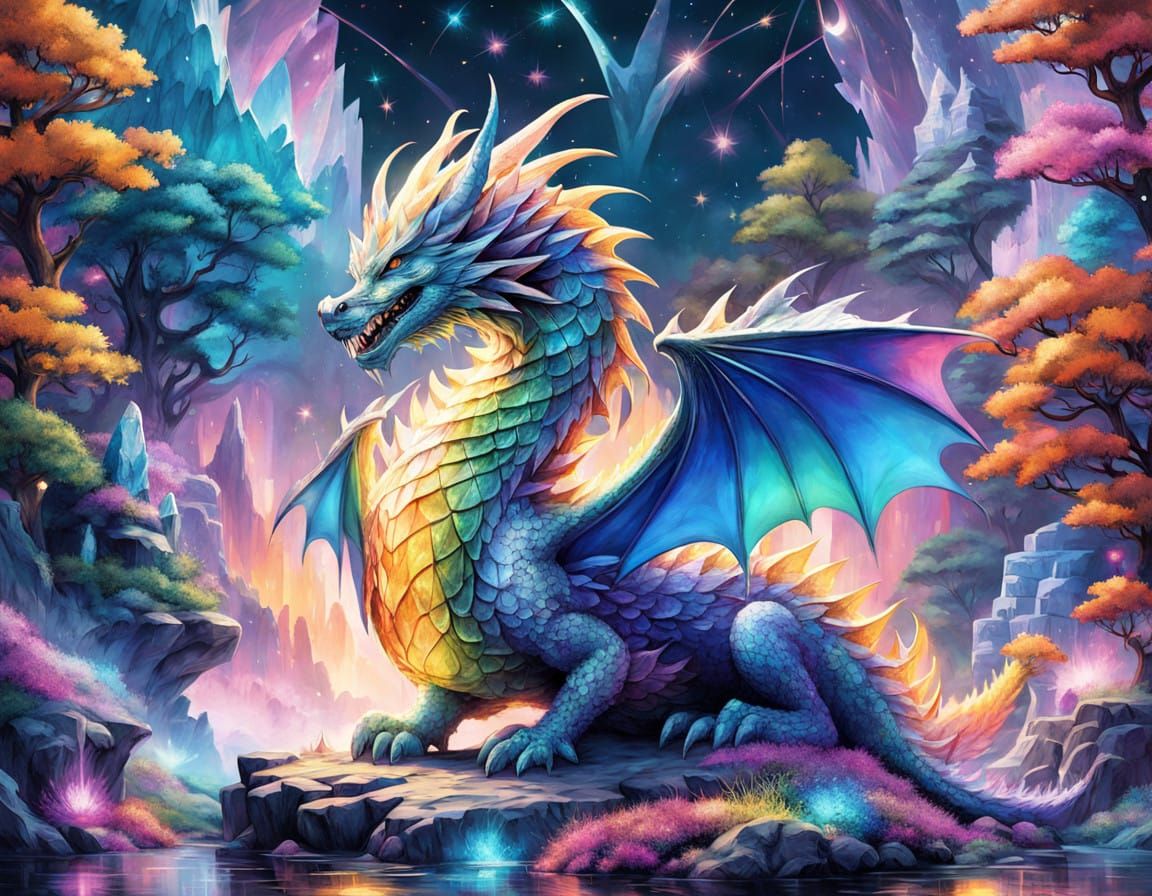 Crystal Dragon Unfolds from Mystical Cave in Vibrant Forest