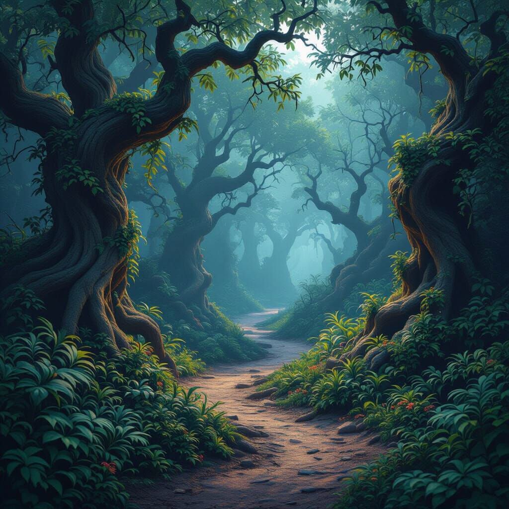 Mystical Forest Path Splits in Deep Colors