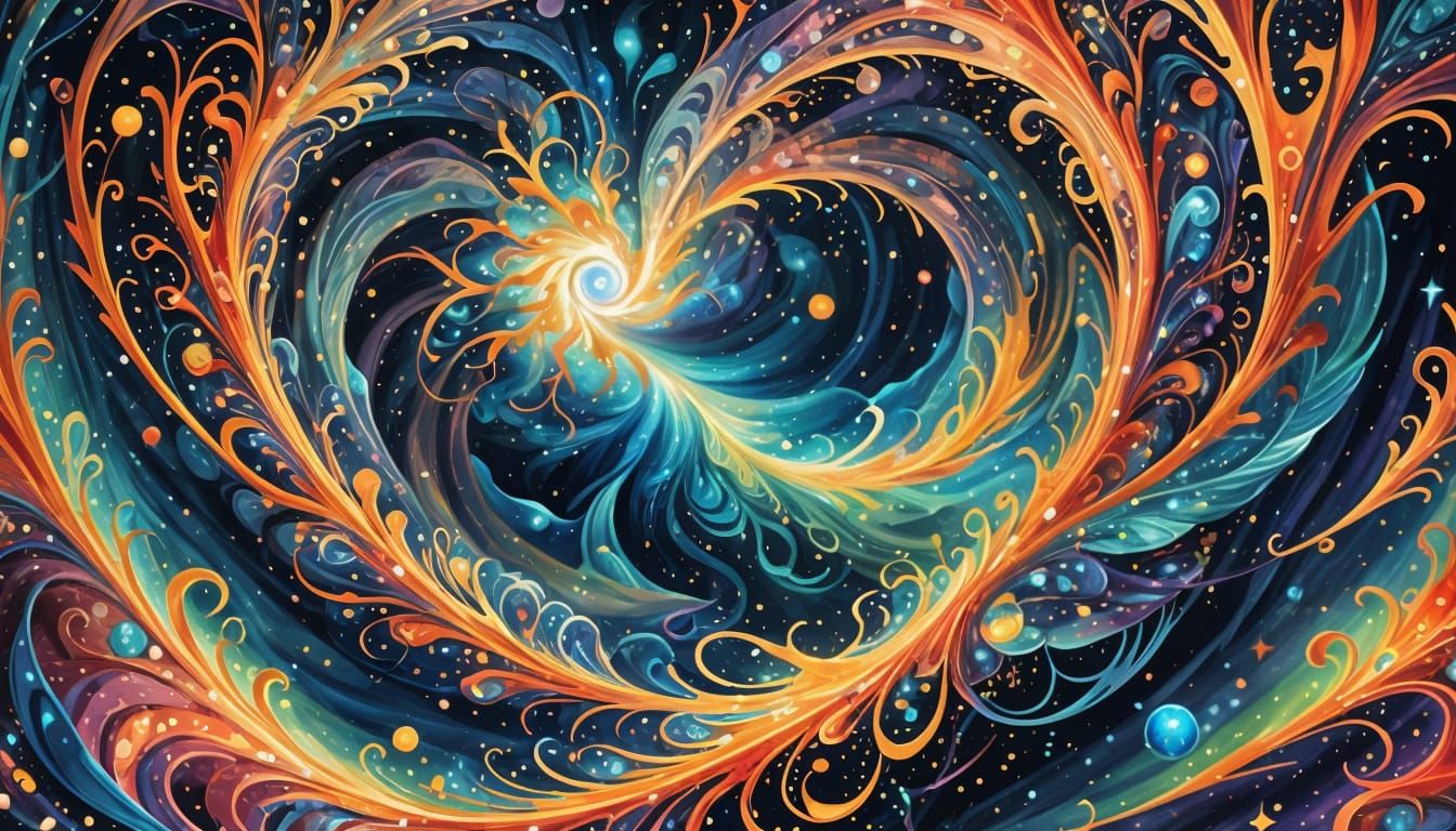 Holographic Cosmic Wind Illustration in Mixed Media