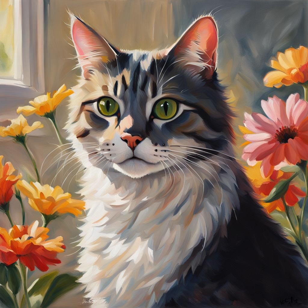Cat and Flower Portrait in Morning Light