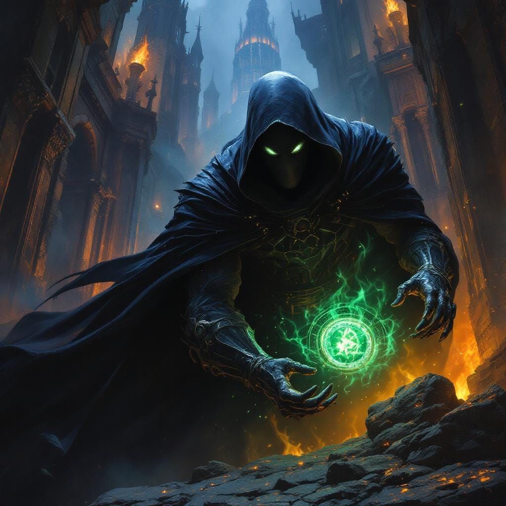 Demonico, a supervillain, using a cursed object in his maste...