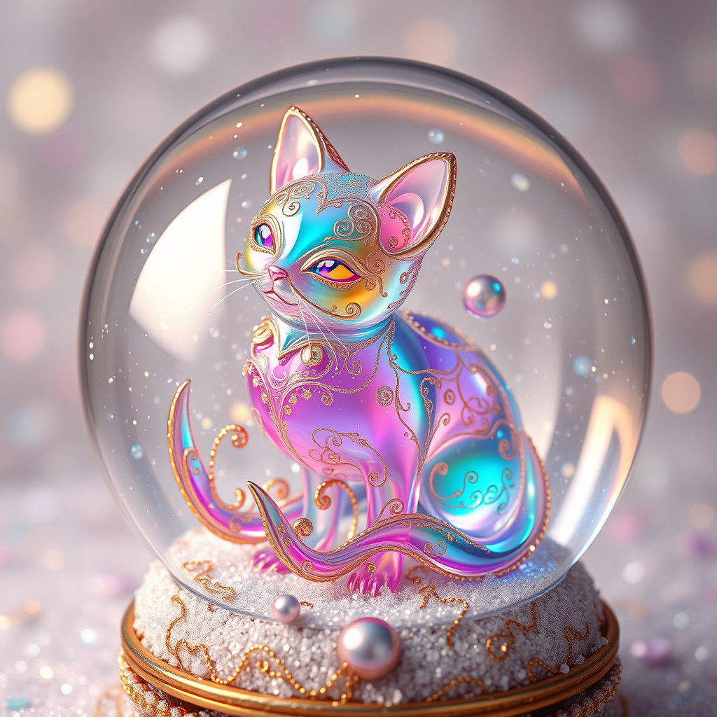 Iridescent Crystal Cat Sculpture in Snowglobe