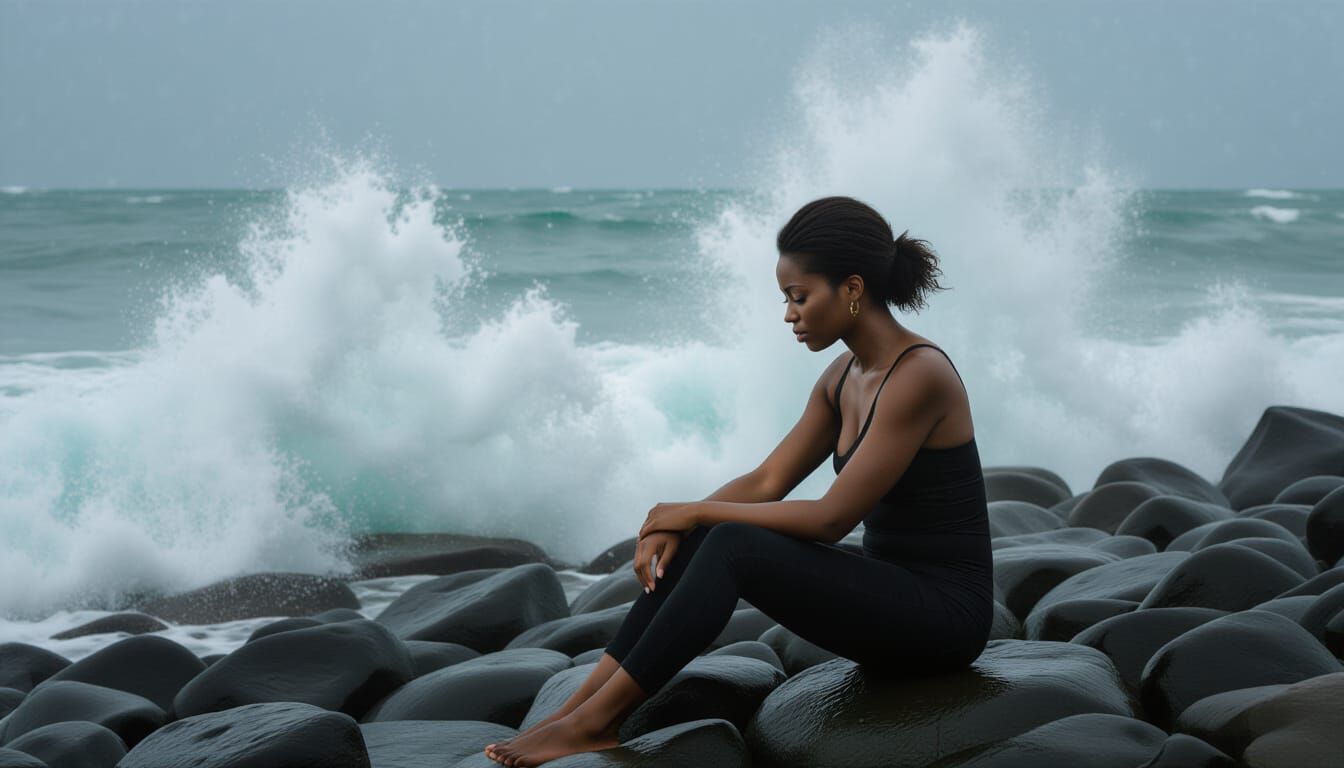 Melancholy Woman on Rocky Shoreline Under Overcast Sky