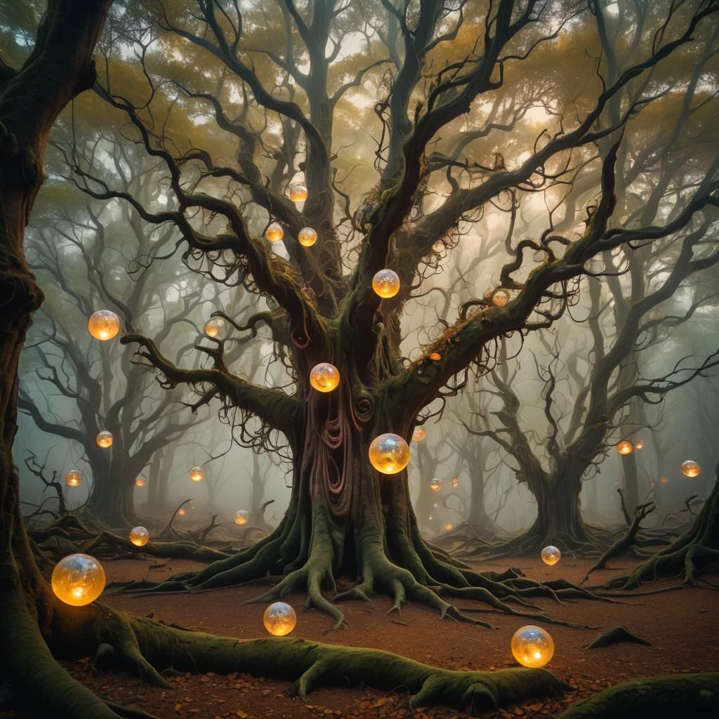 Mystical Forest: Iridescent Orbs in a Surreal Dreamscape