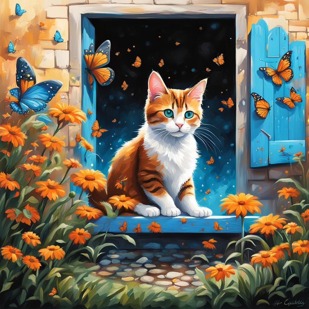 Cat Playing with Butterflies as Graffiti Art