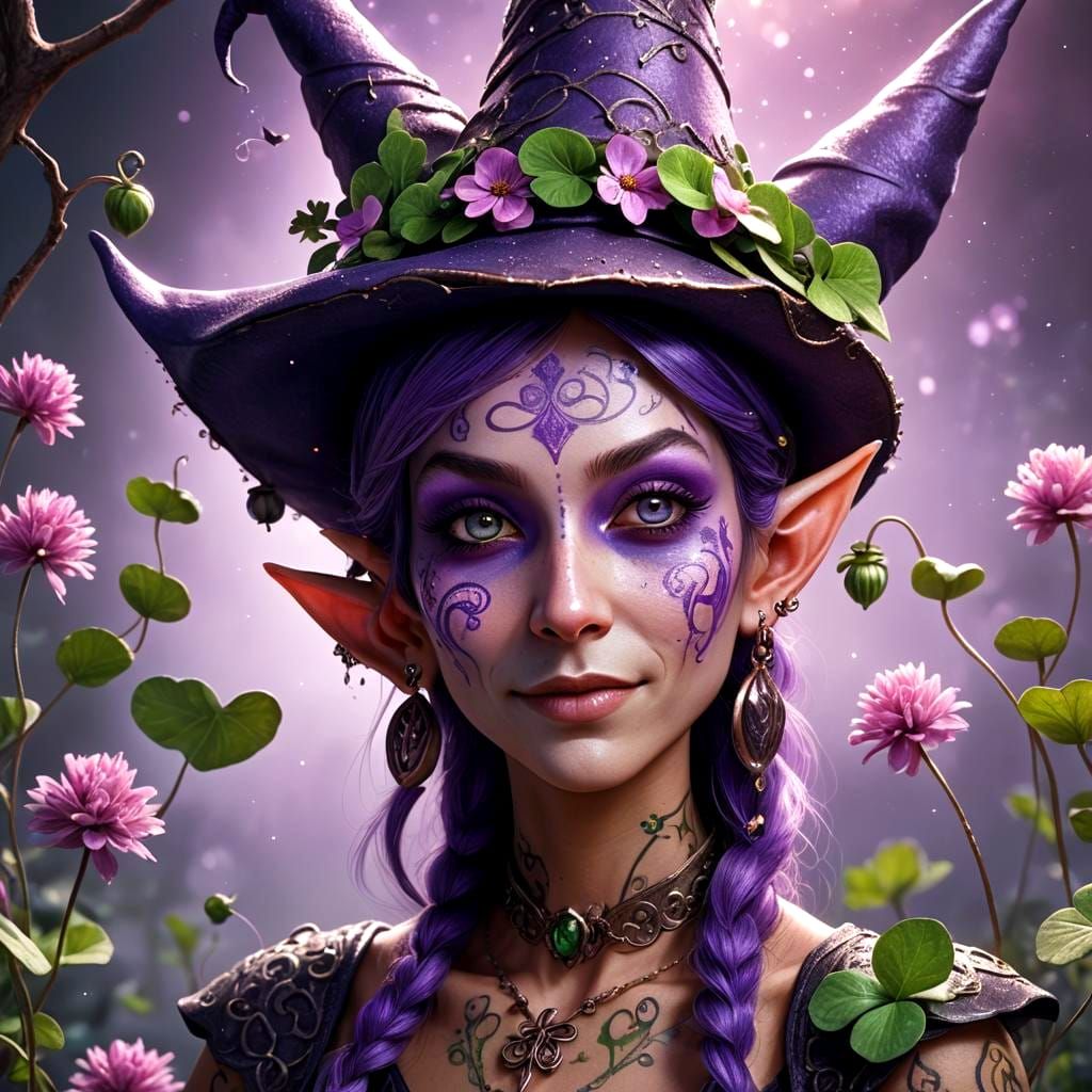Happy Purple Elf with Clover Witch Hat