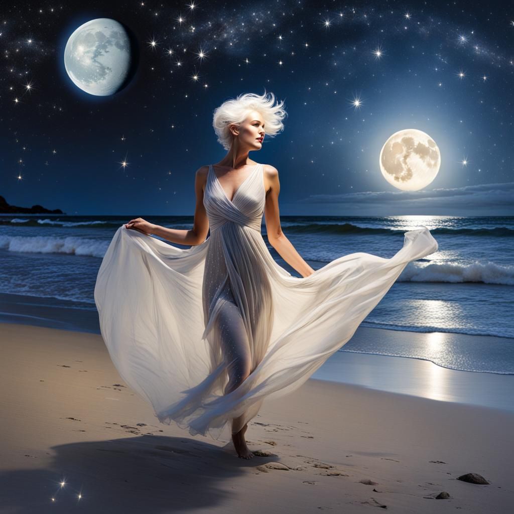 Moonlit Woman on Beach, Fantasy Art Style