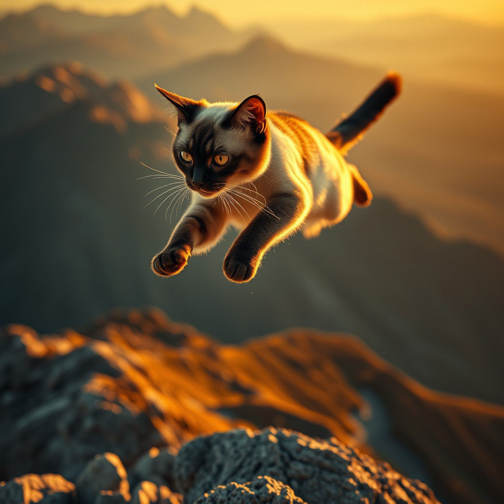 Siamese Cat's Golden Hour Leap: Cinematic 8k HDR
