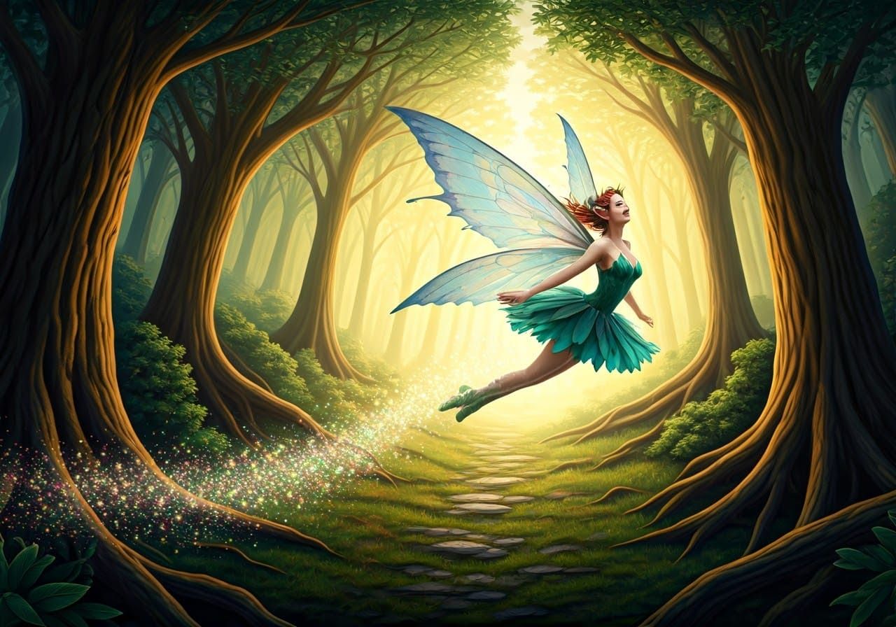Fairy Flying Through Forest with Glittering Pathway