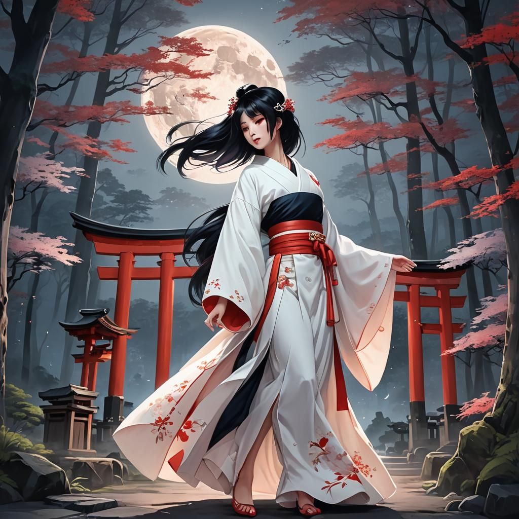 Beautiful Woman in Kimono at Japanese Shrine