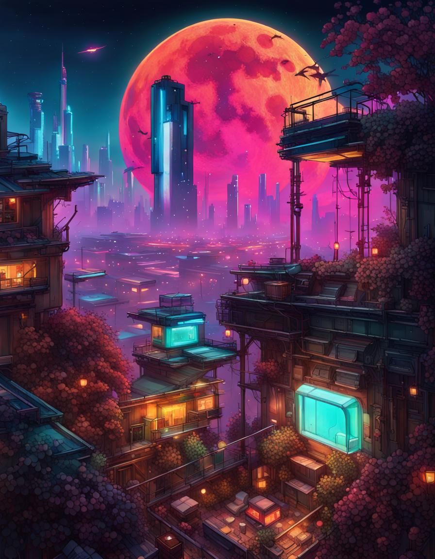 Cyberpunk Night Garden Under Moonlight