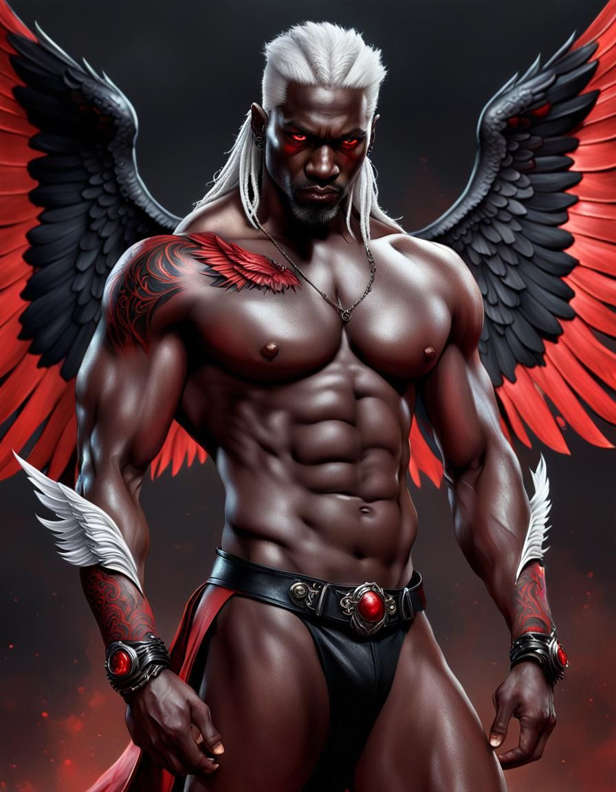 Hyperrealistic Nude Male with Wings and Tattoos