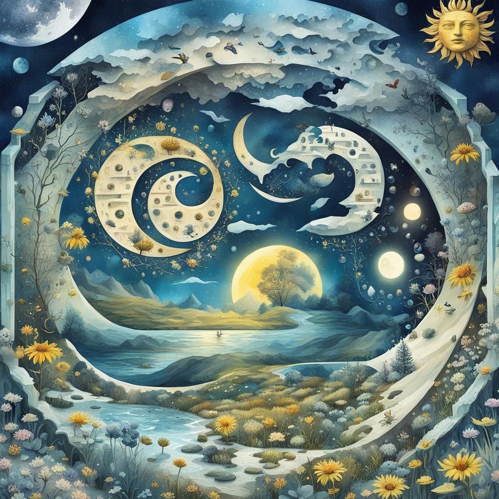 Surreal Yin Yang Maze in Watercolor Style