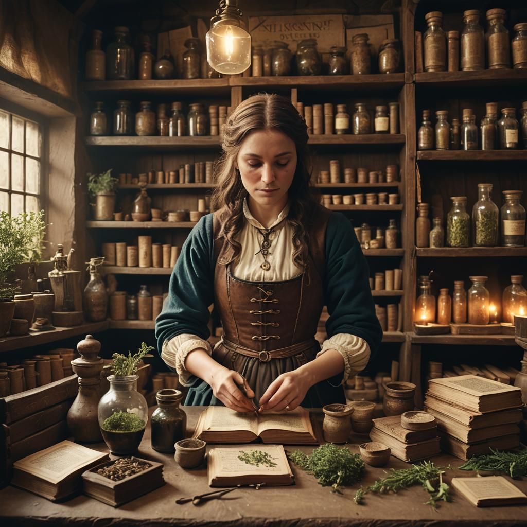Medieval Apothecary Measuring Herbs in Workshop