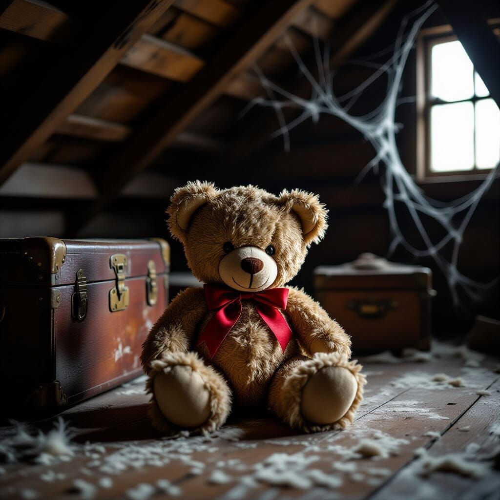 Tattered Teddy Bear in Dusty Attic by Moonlight