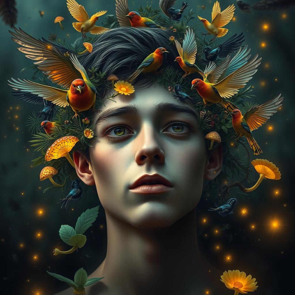 Surreal Avian Transformation in Digital Art Style