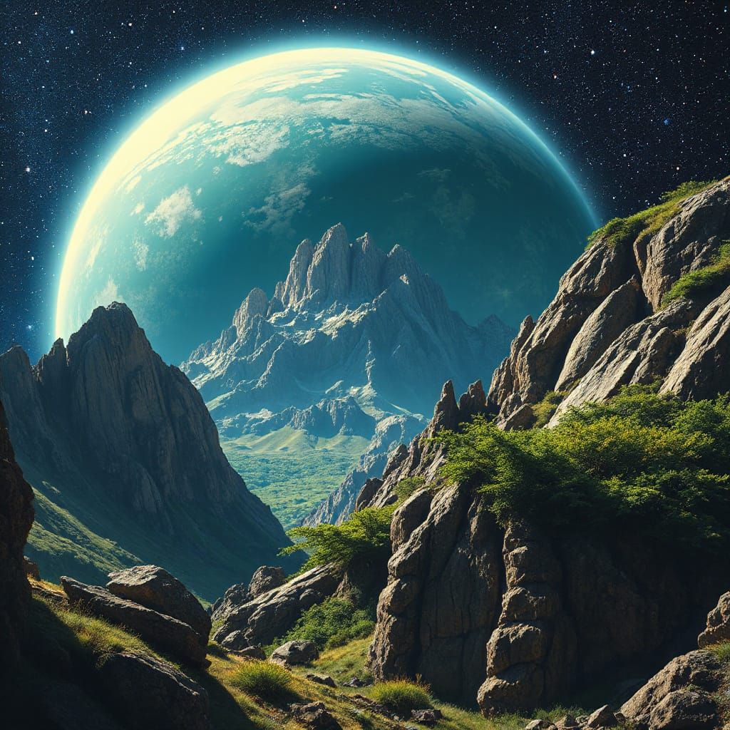 Majestic Exoplanet Landscape in Starry Space