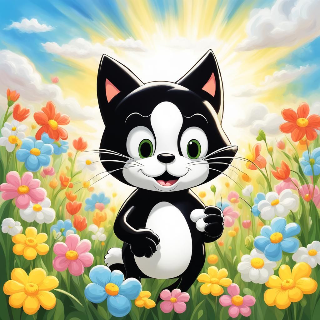 Felix the Cat Surrounded by Spring Flowers