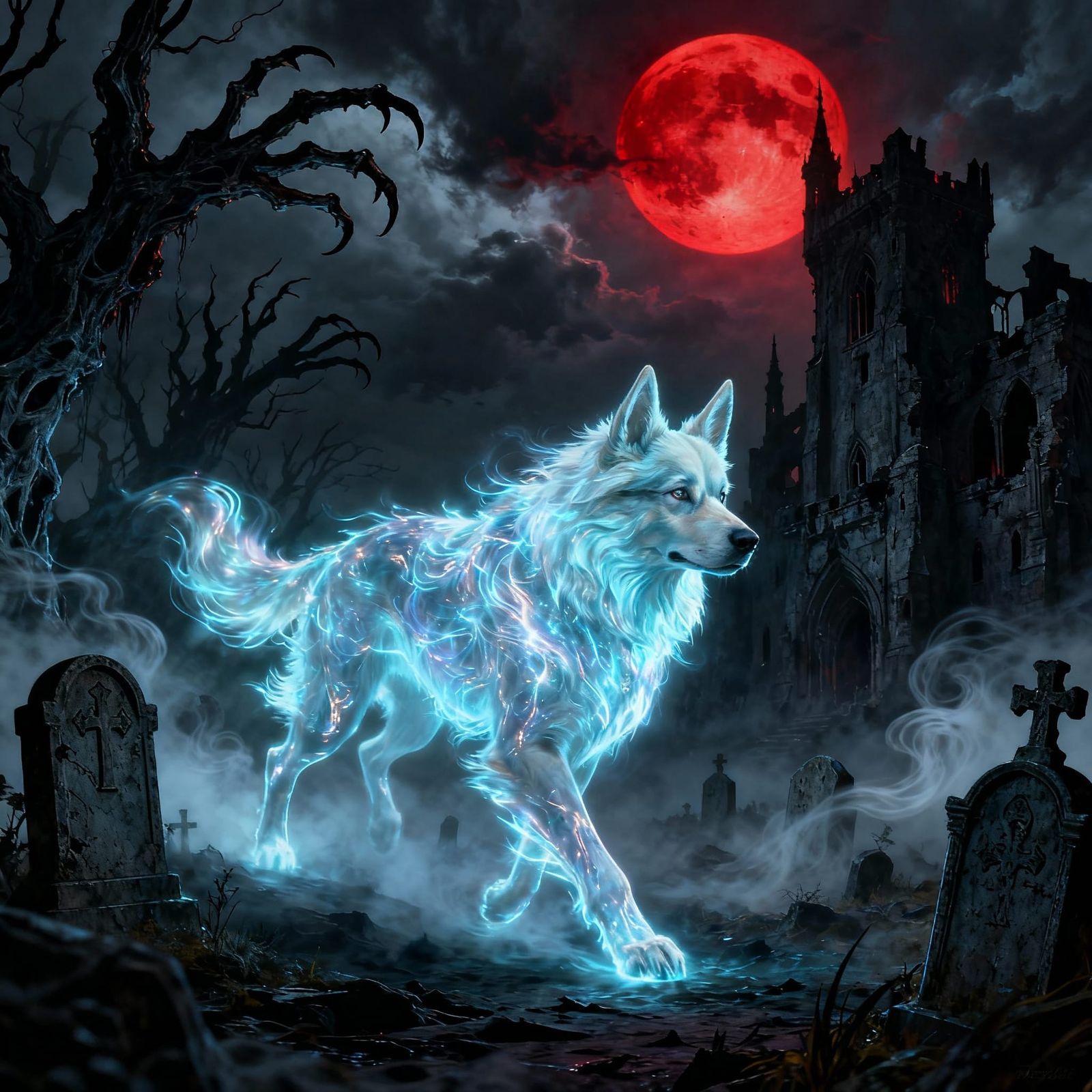 Spectral Shepsky Haunts Castle Ruins Under Blood Moon