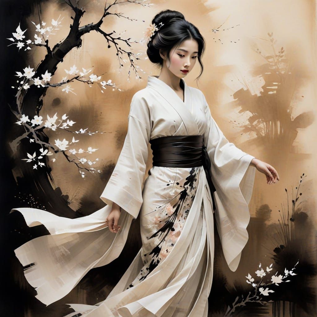 Elegant Geisha in Ink Wash Style