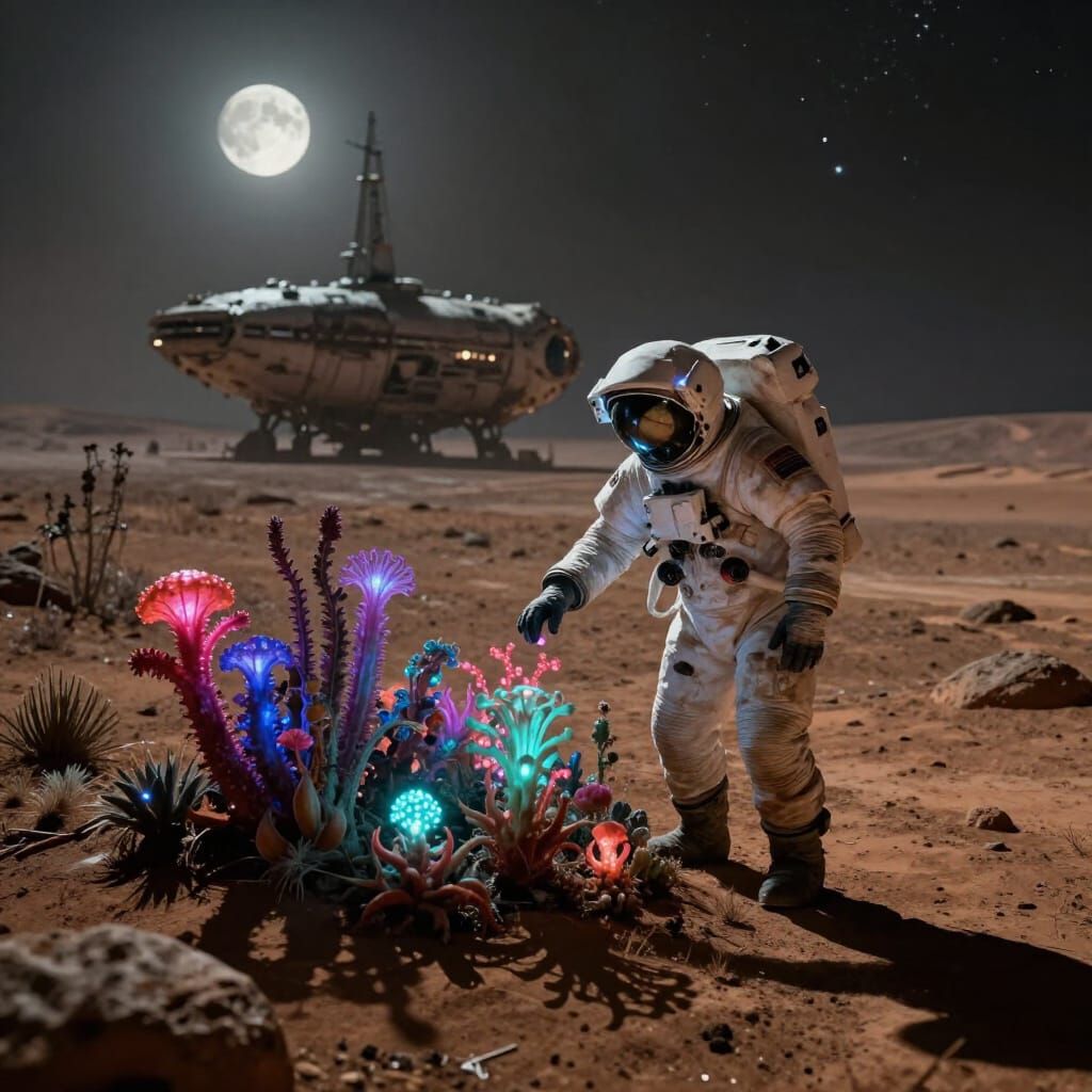 Astronaut Tends Alien Garden on Mars Under Twin Moons