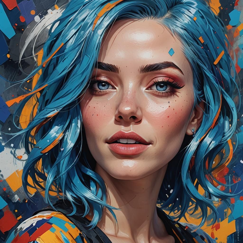 Charming, funny girl with blue hair winking