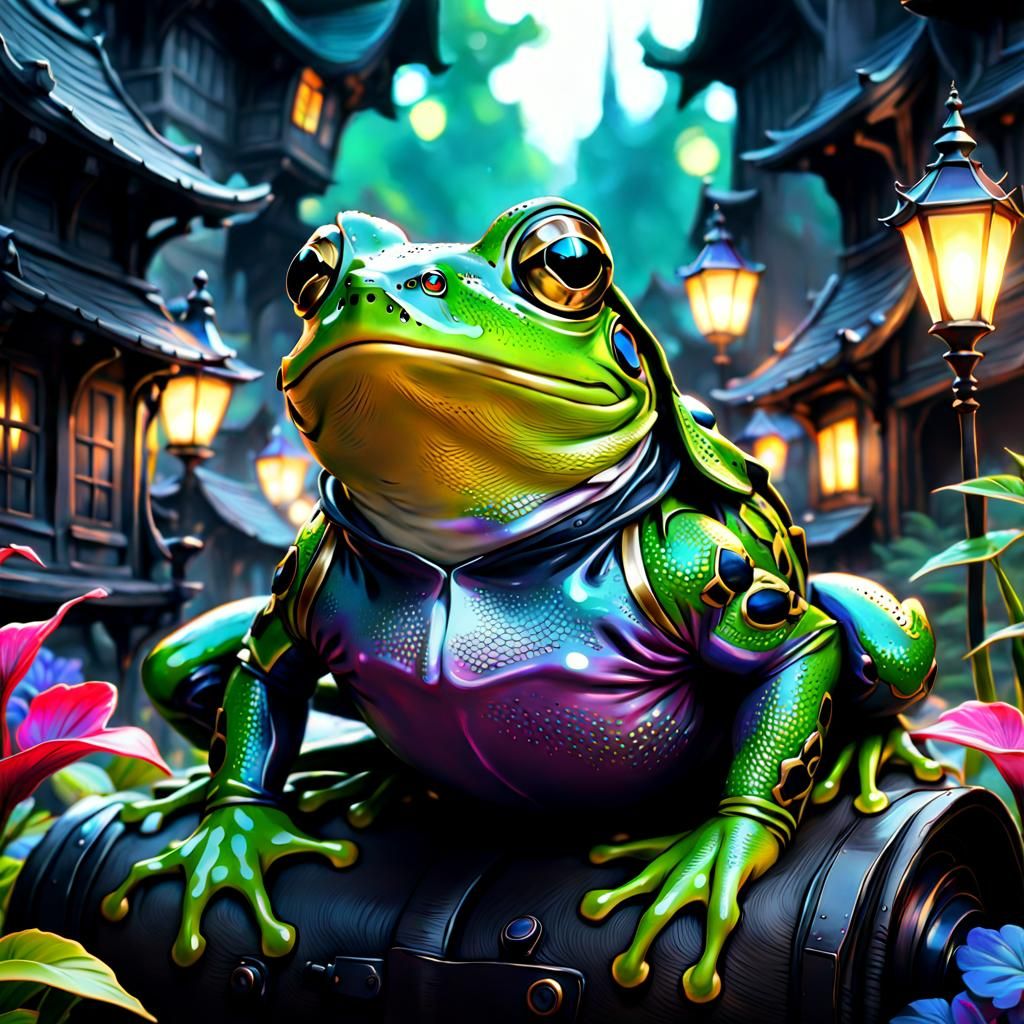 Frogs Travel: Modern Ink Painting in Aetherpunk Style