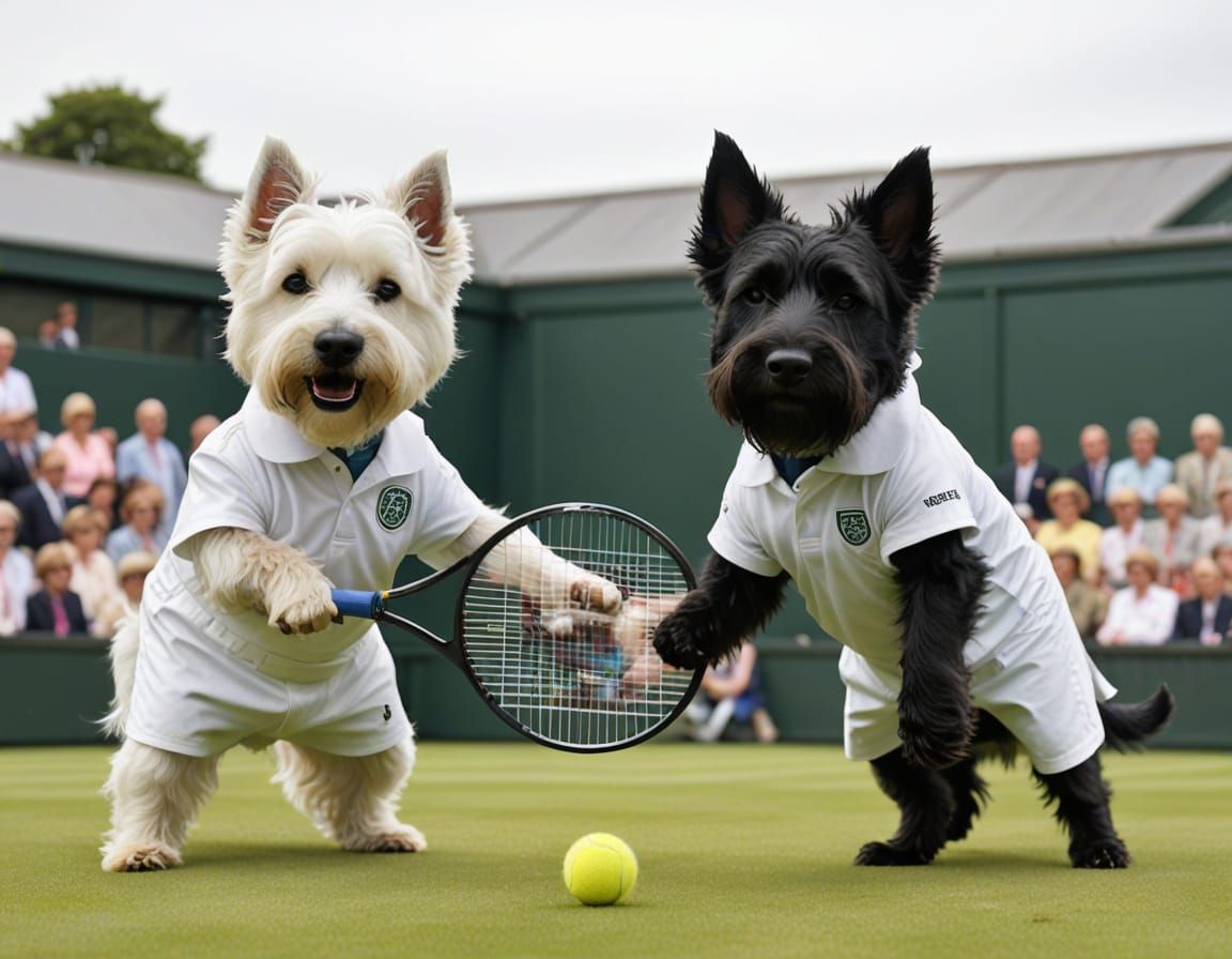 Westie and Scottie Play Tennis at Wimbledon