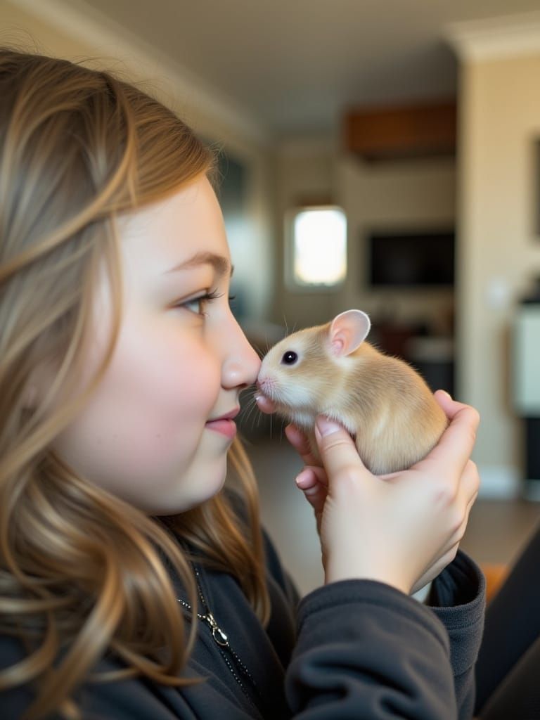 Girl and Albino Hamster Touching Noses in Hyperreal Style