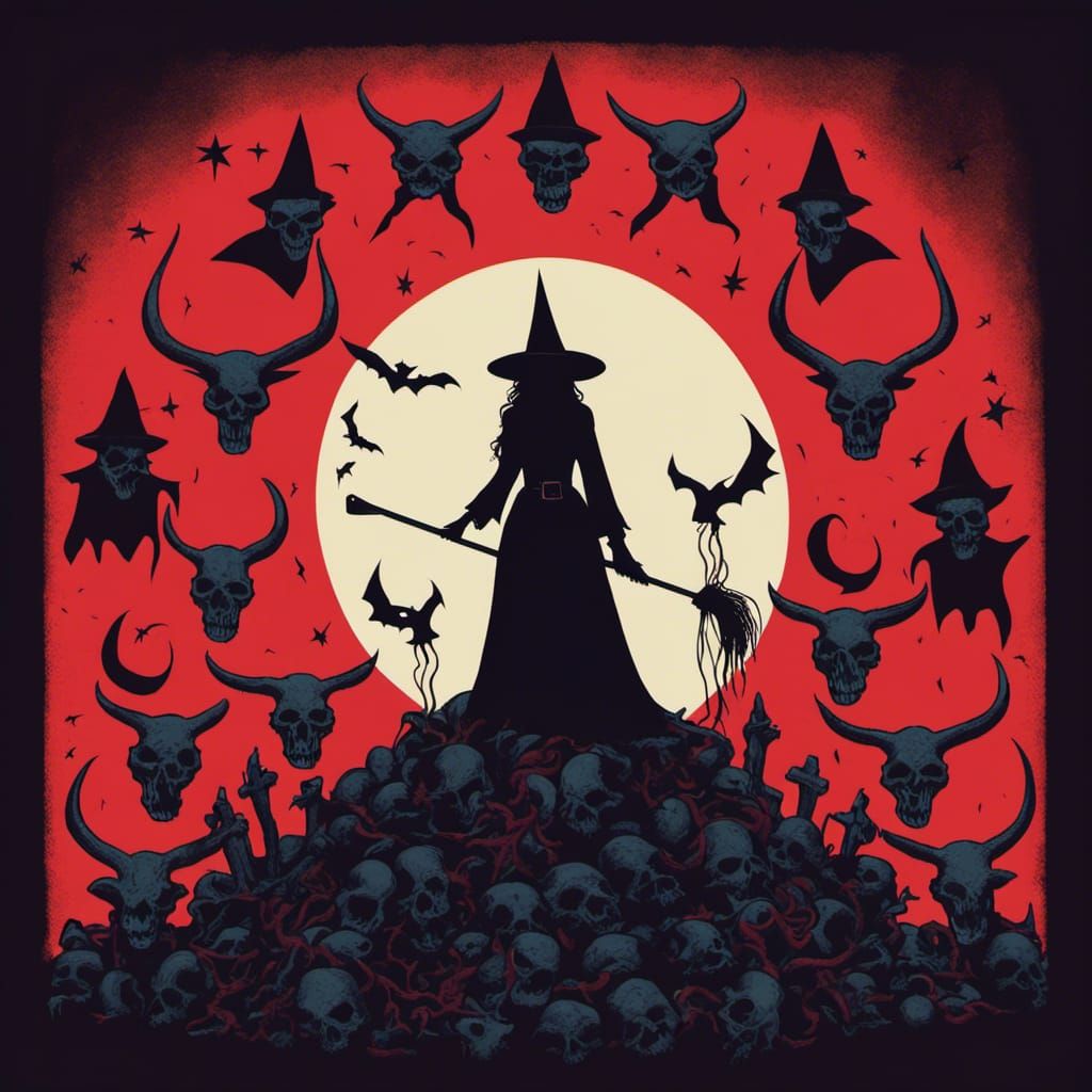 Witch on Skulls Silhouette in Gothic Horror Style