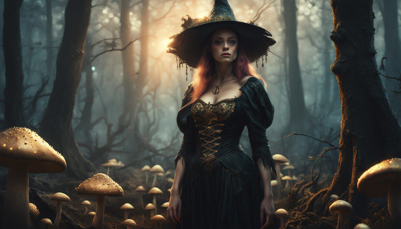 The Diva Witch in a Dark Forest, Oil Painting