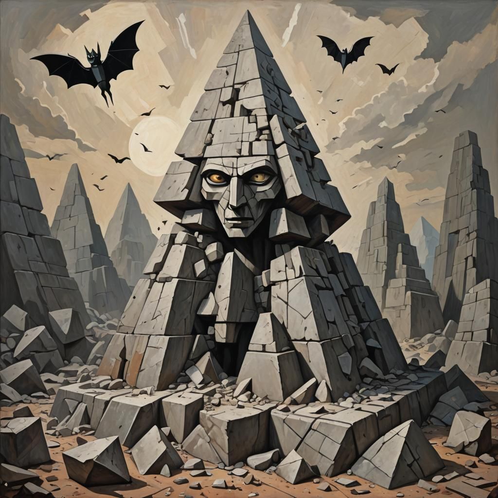 Cubist Nightmare: Crumbling Pyramid and Terrifying Creature