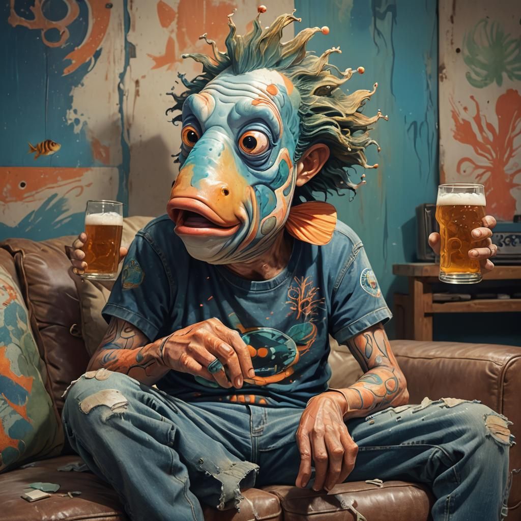 Humanoid Clownfish Watching TV in Hyperrealistic Style