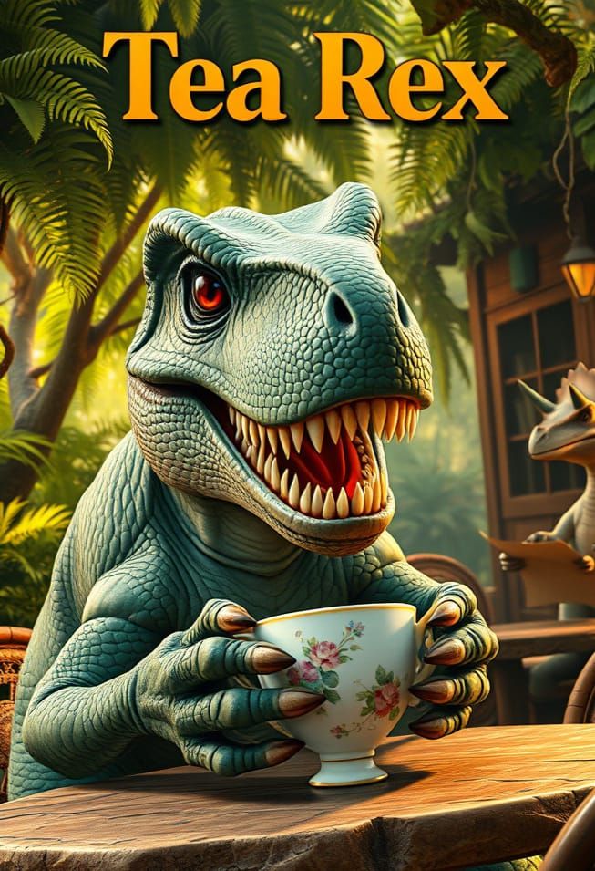 Steeped in Prehistory: Whimsical T-Rex Sips Tea in a Dinosau...