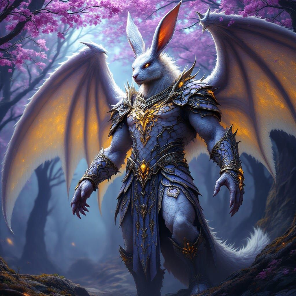 Majestic Rabbit Dragon Hybrid Stands Tall in Elven Woods