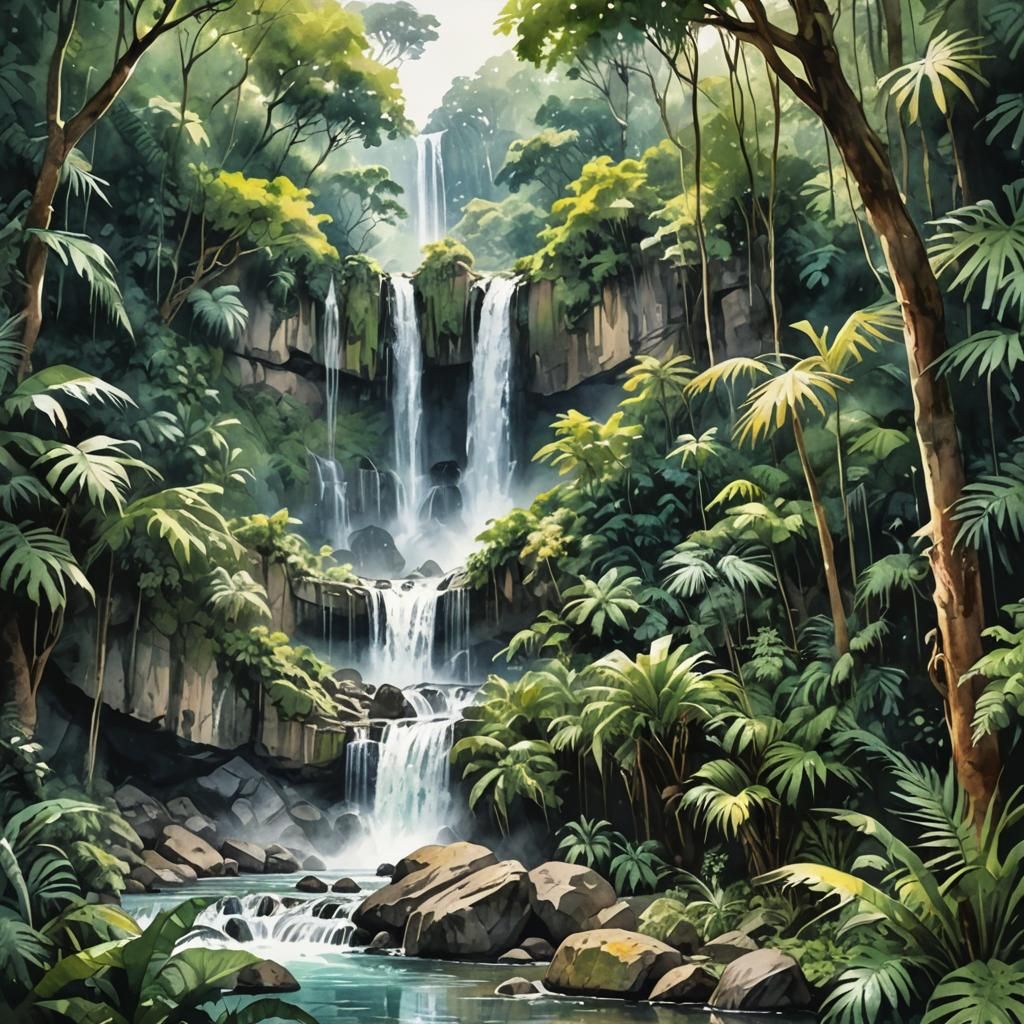 Impressive Jungle Waterfall in Watercolor Style