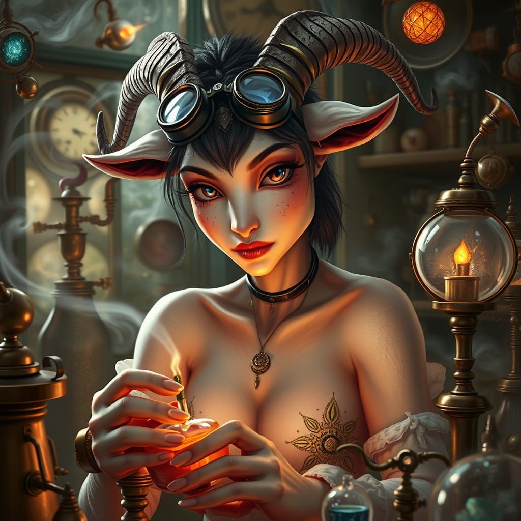Steampunk Goat Woman in Mystical Lab
