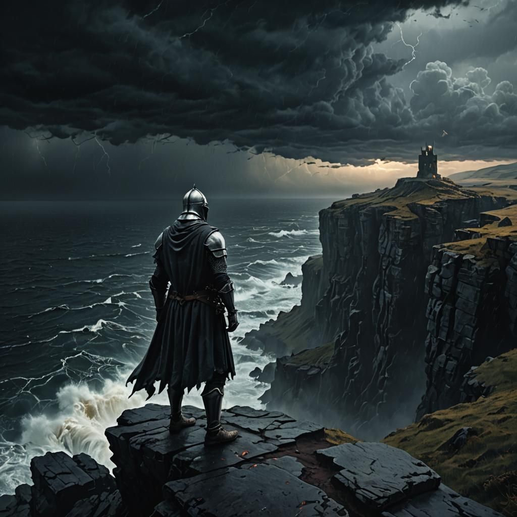 Knight at Cliff Edge in Dark Fantasy Style