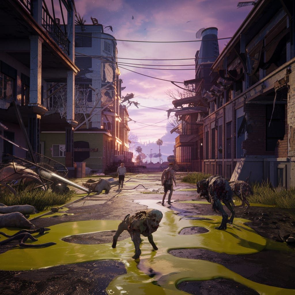 Dystopian Landscape: Destruction in Violet Golden Hour