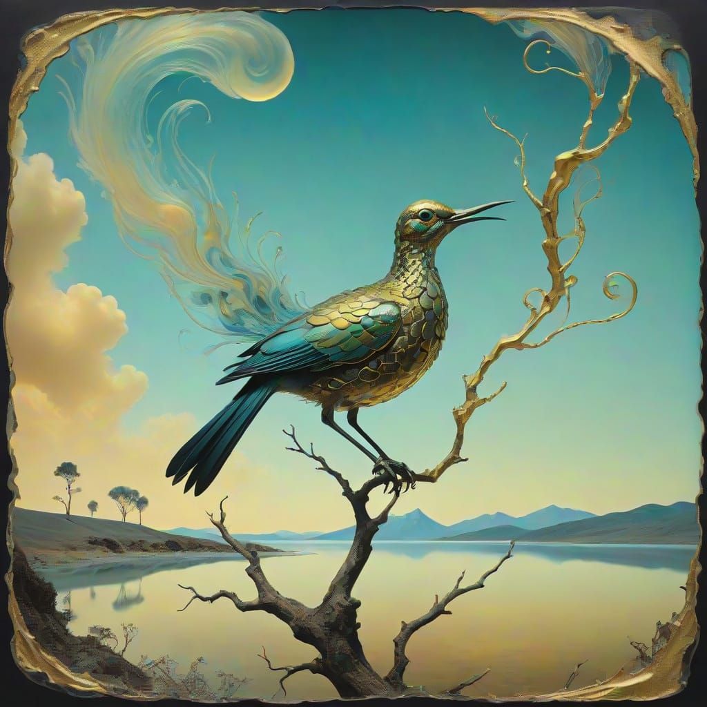 Glowing Bird in Dreamlike Surrealist Landscape