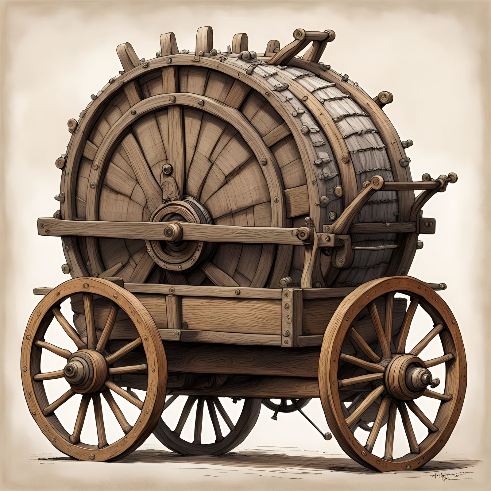Evolution in wheel-making: Medieval wooden wheel wagon carry...
