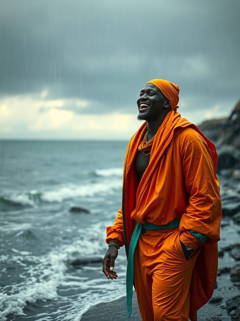 Joyful African Man Celebrates at Baltic Sea Shore