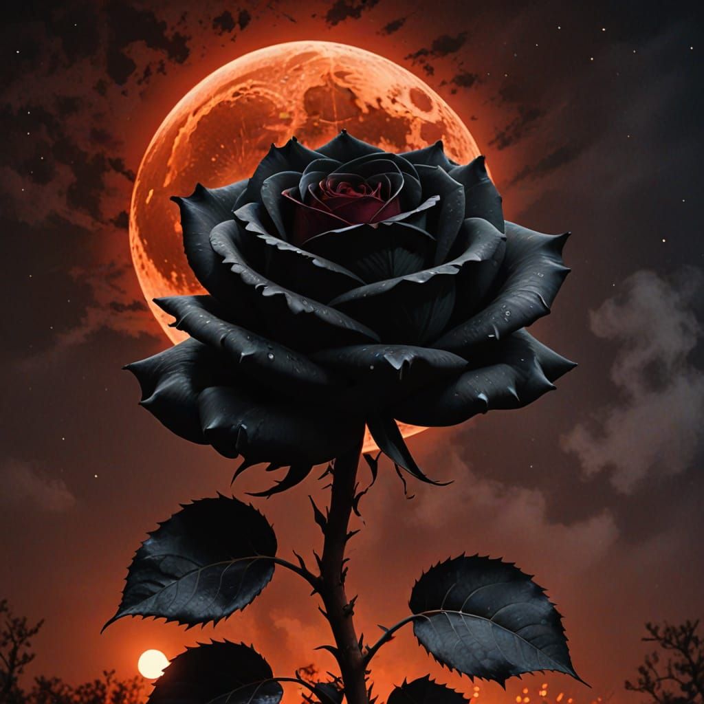 Giant Black Rose Burns Under Blood Moon