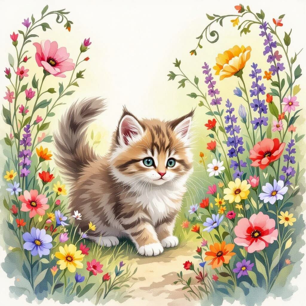 Kitten Playing in Whimsical Garden, Art Nouveau Style