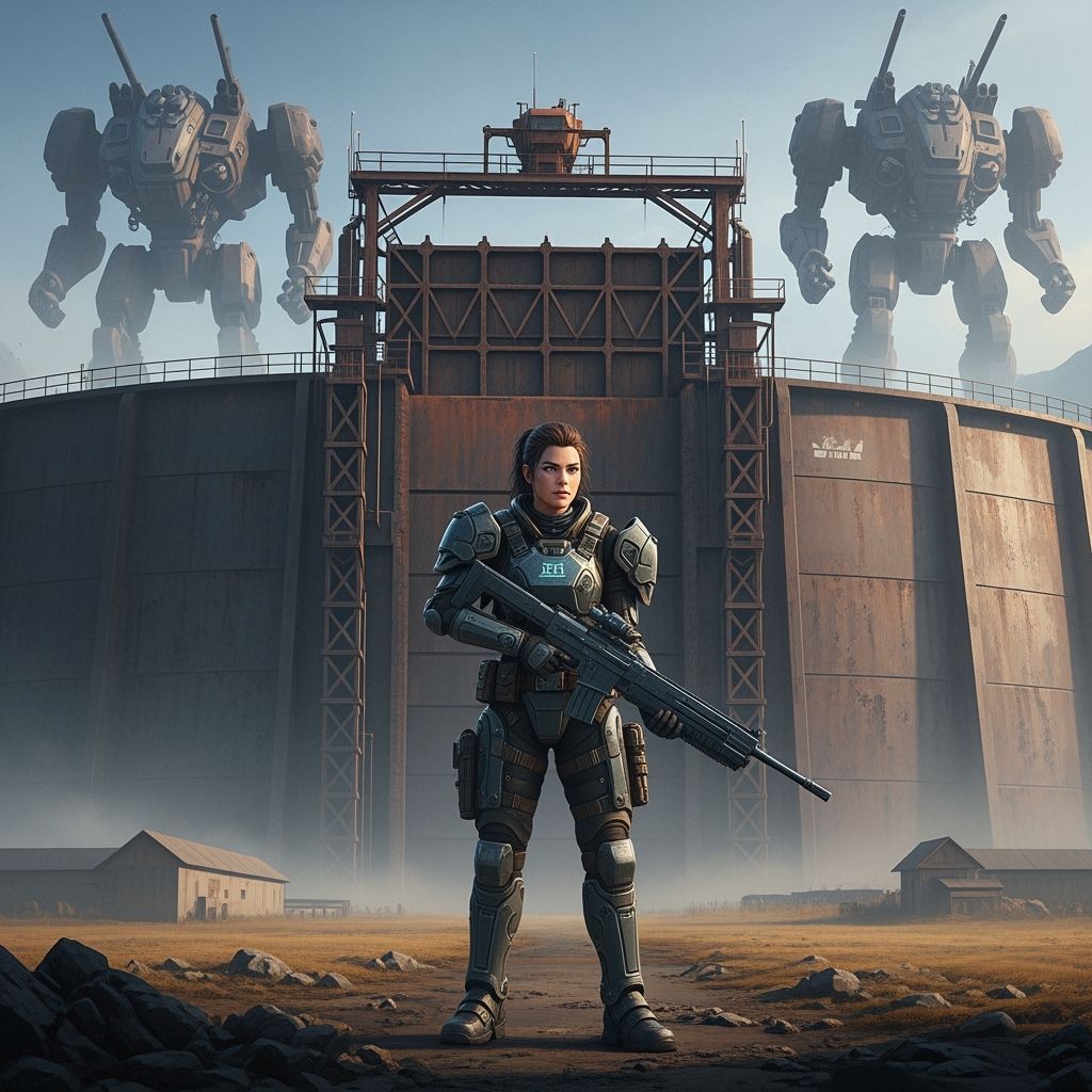 Warrior Stands Guard in Dystopian Future Landscape