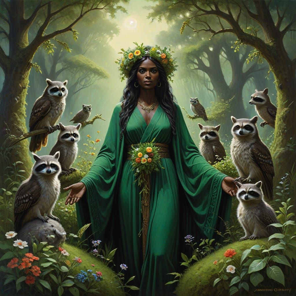Mother Earth Surrounded by Owls and Raccoons