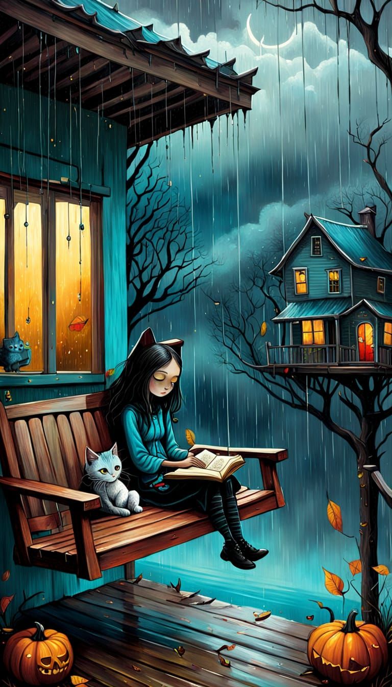 Girl with Kitten Watching Rain: Pop Surrealism Painting